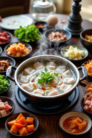 A vibrant hot pot with steaming broth sits at the center of a wooden table, surrounded by an array of fresh vegetables and spices, inviting a sharing experience.の素材