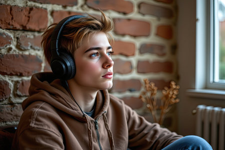 A thoughtful young person with headphones sits peacefully in a cozy room, gazing out of a window, immersed in music and reflection. A brick wall enhances the warm atmosphere.の素材