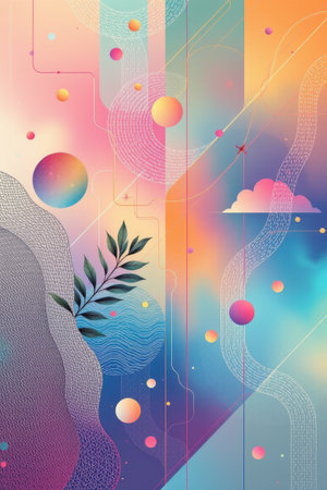 This vibrant abstract image showcases a harmonious blend of colorful geometric shapes and organic elements, creating a captivating visual experience.の素材