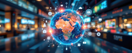This high-quality image features a vibrant 3D globe with illuminated connections and technology icons, representing the digital age and global interaction.の素材