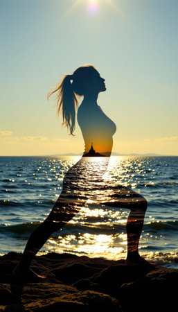 A captivating silhouette of a woman in a yoga pose against a breathtaking sunset over ocean waves, symbolizing peace, wellness, and harmony with nature.の素材