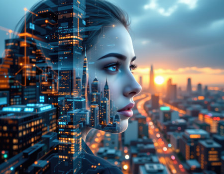A captivating portrait of a woman with a futuristic cityscape reflected in her profile against a stunning sunset backdrop, evoking a sense of urban serenity.の素材