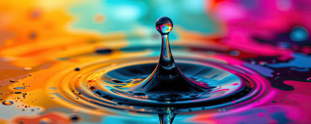 A mesmerizing image capturing a water drop creating a splash with ripples, set against a colorful blurred background, showcasing vibrant art forms.の素材