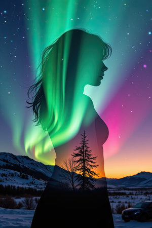 A striking silhouette of a woman blends beautifully with the vibrant colors of the northern lights, creating a mesmerizing and dreamy scene.の素材