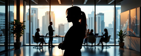 A silhouette of a business woman stands in a modern office at sunset, overlooking a bustling cityscape. The scene captures professionalism and ambition.の素材