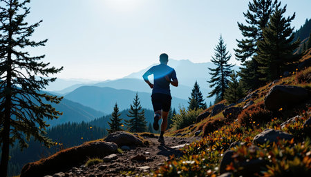 A lone runner enjoying a morning jog on a rugged trail surrounded by majestic mountains and lush pine trees, capturing the essence of outdoor fitness and adventure.の素材