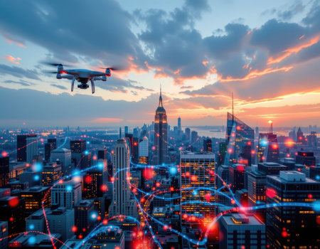 A stunning aerial view of New York City at dusk showcases a drone flying above iconic skyscrapers, illuminated by vibrant city lights and network connections.の素材