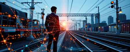 A businessman stands on a railway track, silhouetted against a stunning sunset. Abstract network connections overlay hint at innovation and connectivity in urban landscapes.の素材