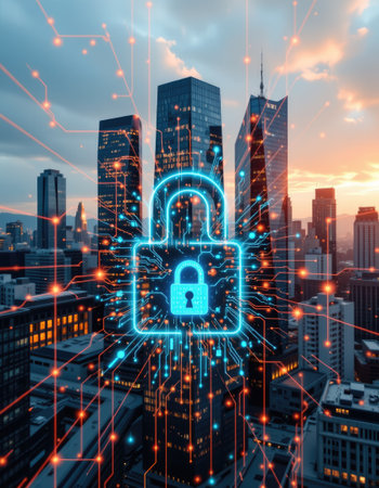 A vibrant digital lock symbol stands over a city skyline at sunset, capturing the intersection of urban life and technological security. This image embodies the significance of cybersecurity in the modern world.の素材