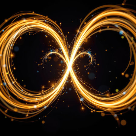 This captivating image features swirling golden energy trails with sparkling particles, set against a deep black background, creating a mesmerizing visual effect.の素材