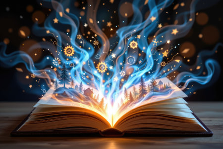 This stunning image showcases an open book radiating light and surrounded by swirling mystical elements and symbols, evoking a sense of magic and creativity.の素材