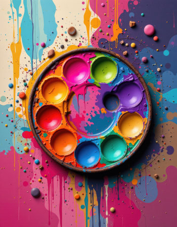 This striking image showcases a vibrant artist palette surrounded by colorful paint splashes, perfect for creative projects and artistic displays.の素材