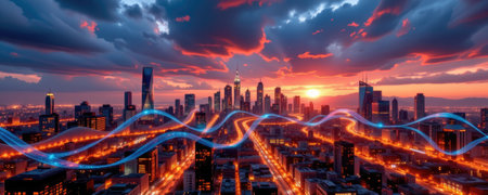 This stunning image captures a vibrant city skyline at sunset, featuring dramatic clouds and colorful light trails, showcasing urban beauty and energy.の素材