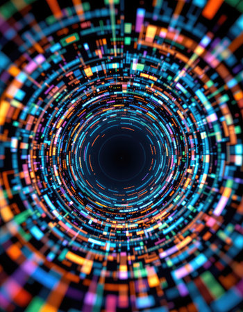 This stunning abstract image features a swirling tunnel of vibrant lights and colors, creating a sense of movement and depth in a digital landscape.の素材