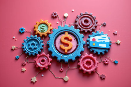 A vibrant composition featuring colorful gears symbolizing the dynamics of finance and payment technology on a pink backdrop. Perfect for concepts of business growth and innovation.の素材