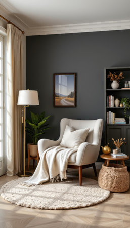 A cozy modern living room scene featuring a stylish armchair draped with a soft blanket, complemented by decorative plants and warm natural light.の素材