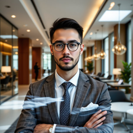 A young businessman exudes confidence in a sleek office environment, dressed in stylish attire, showcasing a thoughtful expression and modern decor.の素材