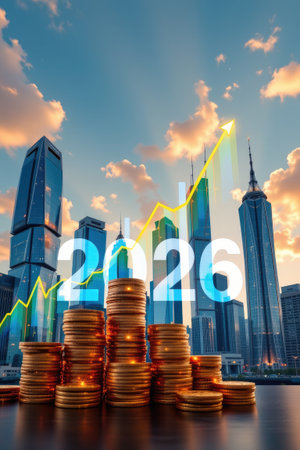 A captivating city skyline featuring tall buildings against a dramatic sunset with stacked coins and a rising growth chart for 2026.の素材