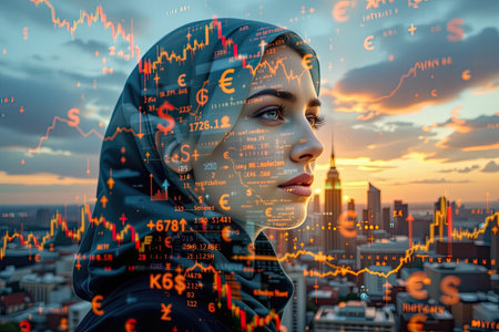 A stunning portrait of a woman in a hijab against a vibrant city skyline, overlaid with financial data and graphs, capturing the essence of modern finance.の素材