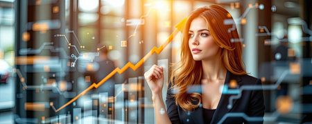 A confident businesswoman stands in a modern office, analyzing data trends with a digital graph overlay, embodying growth and innovation in professional environments.の素材