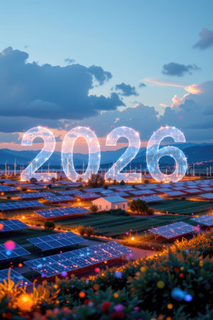 A stunning view of a solar panel field at twilight, showcasing the illuminated number 2026, symbolizing future energy aspirations amidst a colorful bokeh backdrop.の素材