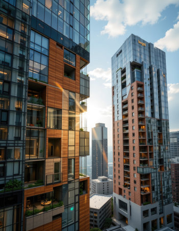 A captivating view of modern skyscrapers showcasing innovative architectural design, bathed in warm sunlight over a bustling city skyline.の素材