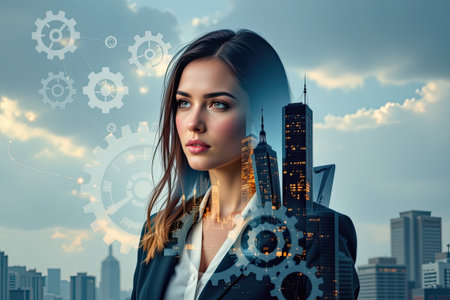 A thoughtful woman stands against a city skyline, overlaid with gears, representing the fusion of innovation and urban development in today's society.の素材