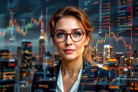 A confident professional woman stands against a city skyline at twilight, with financial graphs and data overlay, symbolizing modern business and investment strategies.の素材