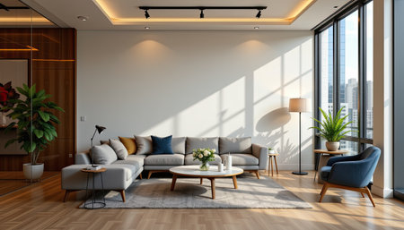 A serene and stylish modern living room showcasing minimalist design with ample natural light, elegant furniture, and decorative plants in a cozy urban setting.の素材