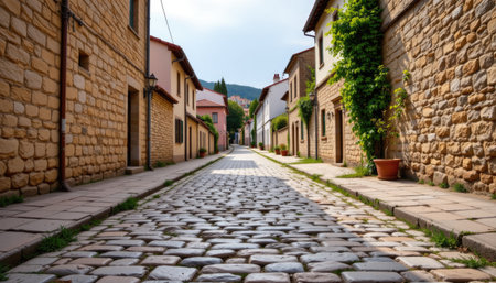 Explore a picturesque village with charming cobblestone streets and historic buildings, surrounded by lush greenery and gentle hills, perfect for relaxation.の素材