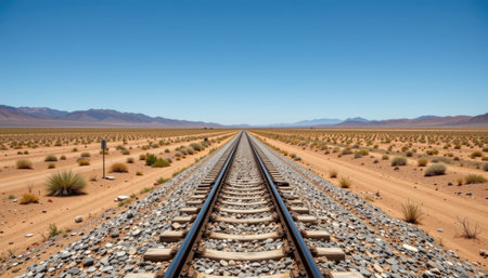 This image captures the infinite stretch of railway tracks in a dry desert landscape, emphasizing the vastness and solitude of this remote location under a vibrant blue sky.の素材