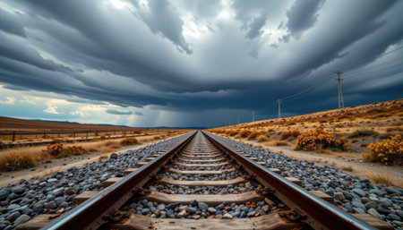 An expansive view of railway tracks stretching towards a stormy sky, showcasing a blend of nature's beauty and dramatic weather elements.の素材