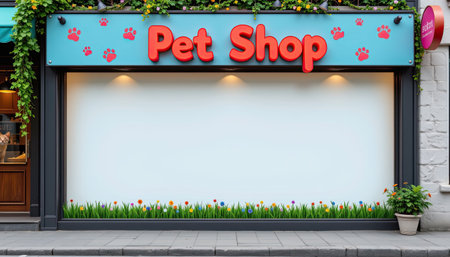 This image showcases a charming pet shop exterior featuring a vibrant sign and decorative flowers. The welcoming storefront is ideal for animal lovers looking to explore pet supplies in a lively urban setting.の素材