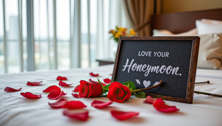 A beautifully arranged setup for a romantic honeymoon, featuring red roses and a heartfelt decorative sign in a cozy hotel room. Natural light enhances the intimate atmosphere, perfect for creating lasting memories.の素材
