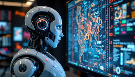 A humanoid robot engages with a vibrant display of data visualizations in a modern workspace, showcasing advancements in artificial intelligence and technology.の素材