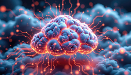 This stunning image features a glowing brain surrounded by vibrant electrical connections, set against a dreamy, cloud-filled background, blending technology and creativity.の素材