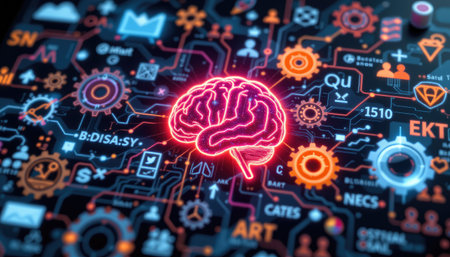 A vibrant digital illustration of a brain interlinked with circuit patterns, representing advanced technology, artificial intelligence, and innovation in modern science.の素材
