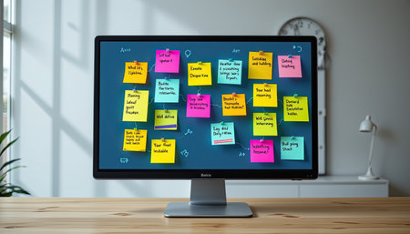 A vibrant display of colorful sticky notes on a digital screen in a modern workspace, showcasing organization and creativity in thought management.の素材