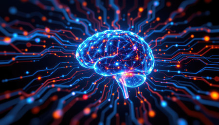 This striking digital artwork illustrates a brain enveloped in vibrant connections and glowing circuits, symbolizing the intersection of technology, creativity, and intelligence.の素材