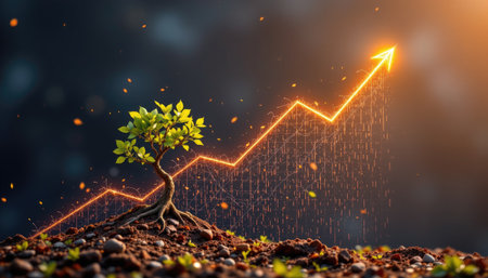 This image captures a small tree emerging from rich soil, symbolizing growth and prosperity in a business context while connecting with nature and sustainability.の素材