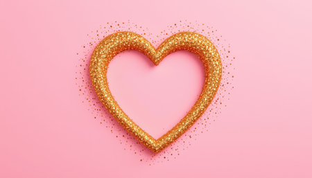 This image showcases a shiny gold glitter heart shape against a soft pink background, ideal for designs related to love, romance, or celebrations.の素材