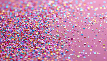 A vibrant spread of colorful glitter particles on a soft pink surface, perfect for enhancing art projects, celebrations, and creative endeavors.の素材