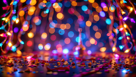 This vibrant image showcases a festive background with colorful bokeh lights and scattered confetti, perfect for celebrations or party themes.の素材