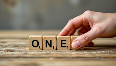 A close-up image featuring a hand carefully placing a wooden block with the letter 'O' on a rustic table, forming the word "ONE." The scene emphasizes simplicity and focus, providing an element of creativity and inspiration. Perfect for concepts related to education, counting, or personal connections.の素材