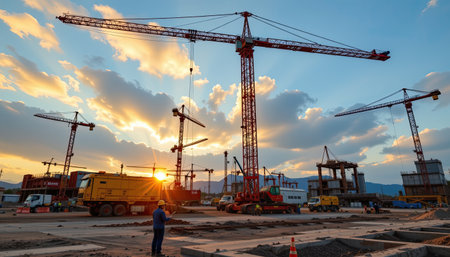 A vibrant construction site at sunset features towering cranes and heavy machinery under a colorful sky, highlighting urban development and progress.の素材