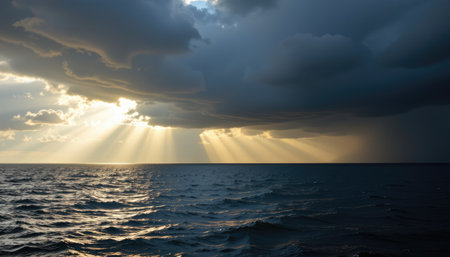 Captivating seascape showcasing dark clouds illuminated by vibrant sunbeams, reflecting the serene beauty of ocean waters under changing weather.の素材