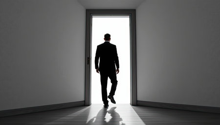 A solitary man in a suit stands at the threshold of an open door, stepping into a bright light that symbolizes new opportunities and journeys ahead.の素材