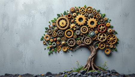 This captivating artwork features a tree constructed from gears and leaves, blending nature and mechanics into a stunning visual. Ideal for themes of innovation.の素材