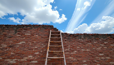 A rustic wooden ladder leans against a textured red brick wall under a vast blue sky with fluffy clouds. The scene captures a sense of opportunity and ambition.の素材