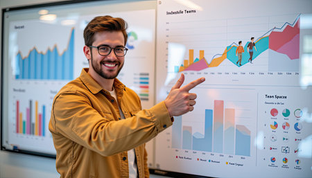 A young professional with glasses smiles while pointing at various colorful graphs and charts displayed on modern screens in an office setting.の素材